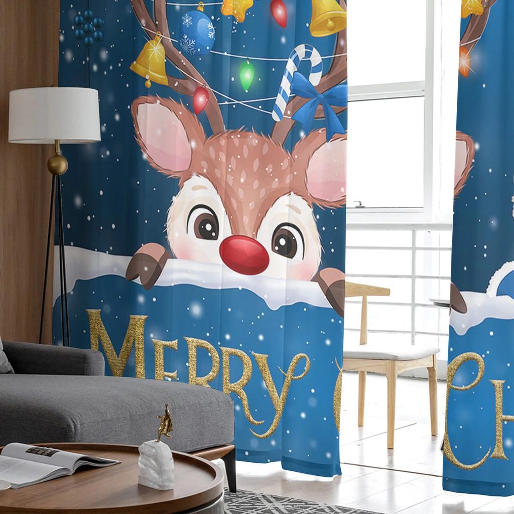 Christmas Red Santa Claus Elk Ball Lantern TCurtains For Living Room Bedroom Kitchen Decoration Window Tulle Curtain