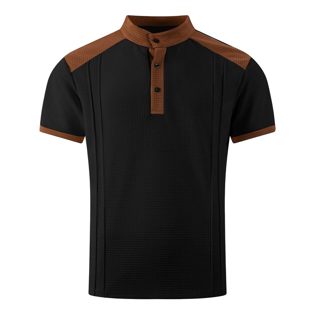 Men's Color Blocked Stand Up Collar Single Breasted Shirt  Men's Casual And Comfortable Short Sleeved Shirt
