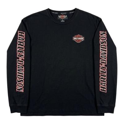 Gloednieuw Harley-Davidson zwart T-shirt met lange mouwen, dubbele mouwletters en klein logo op de borst, eenvoudige streetstyle