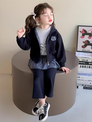 2025 Dívčí korejská kostkovaná mikina s kapucí a kalhoty do zvonu - Stylový jarní/podzimní outfit.