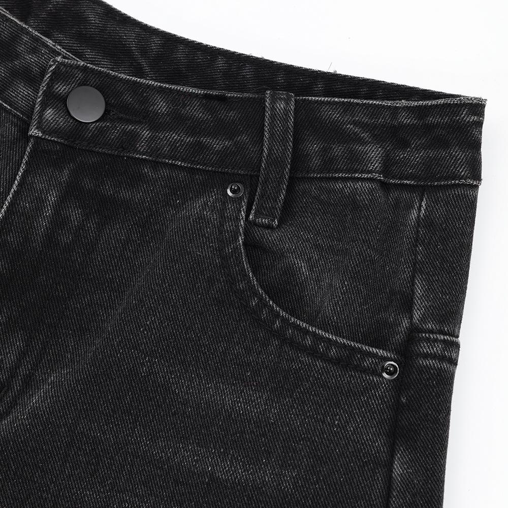 Shorts en denim amples à jambes droites pour hommes, été, high street, tissu patchwork avec bords en fourrure, moustaches de chat, shorts à jambes larges