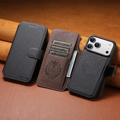 iPhone 17 Pro Magnetic Flip Card Slot Case with Wireless Charging Stand - Color Block Leather