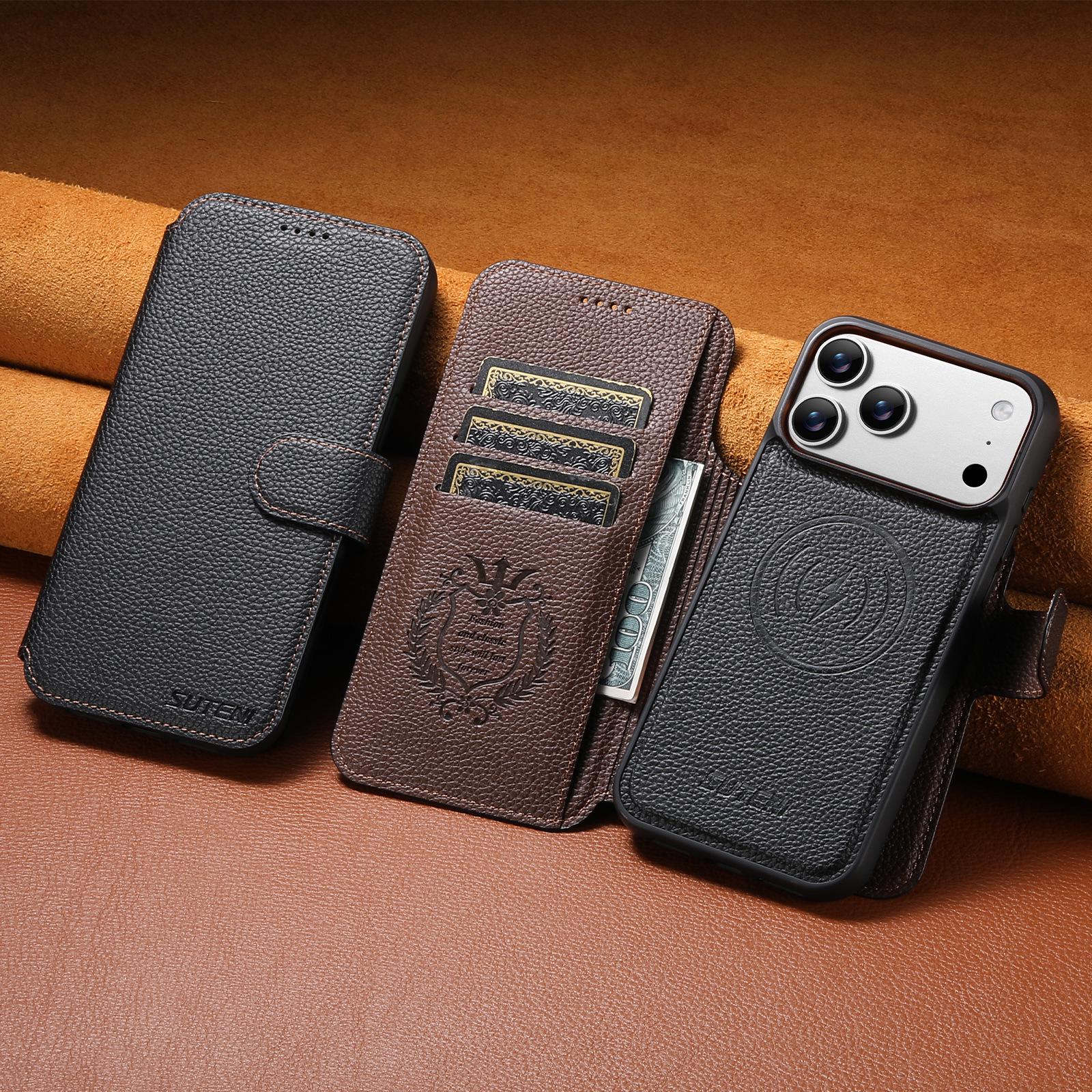 

iPhone 17 Pro Magnetic Flip Card Slot Case with Wireless Charging Stand - Color Block Leather iPhone 17 Pro