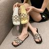 Popular Flat-bottomed Slippers for Women's Outerwear 2025 Summer New Rhinestones Fried Street One-word Fashionable Versatile Sandals