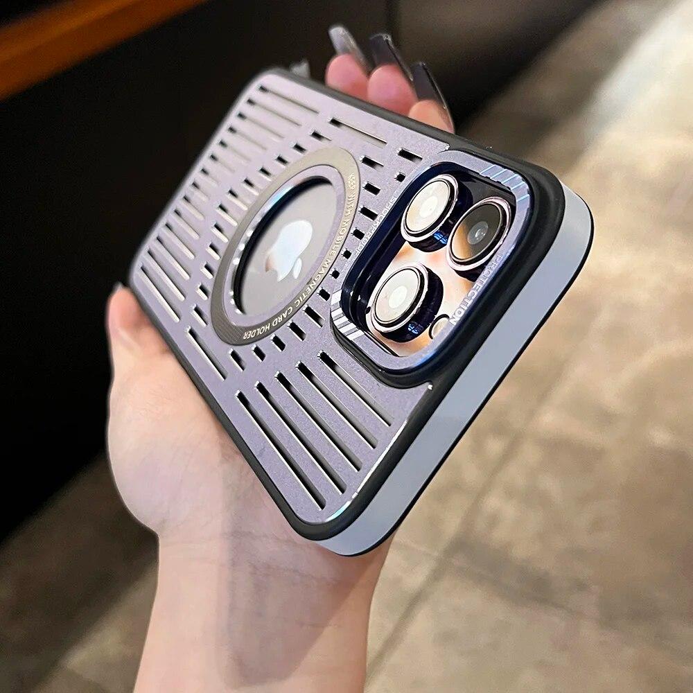 Luxury Metal Armor Case for Magsafe Case for IPhone 15 14 13 12 Pro Max Wireless Charge Magnetic Heat Dissipation Cooling  Hole Shockproof Cover