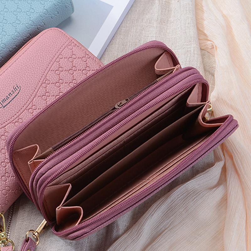 Fashionable Lychee Patterned Multi Slot Mobile Phone Bag with Double Zipper Wallet for Women