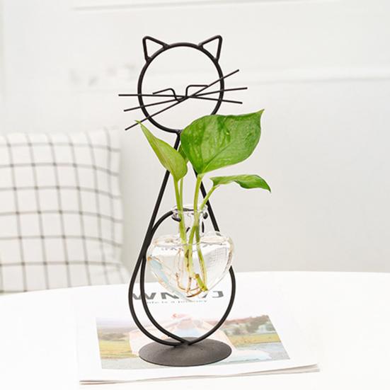 Decorative Ornament, Cat-Shaped Rust-Proof Iron Bracket with Transparent Glass Vase for Hydroponic Plants Desktop Decoration