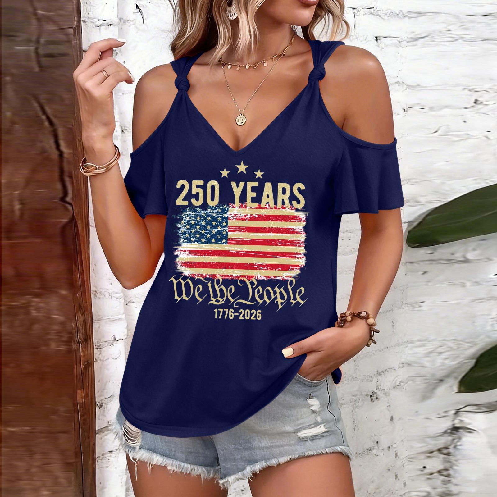 

Women’s Casual Cold Shoulder Short Sleeve Top with 250 Years We The Print and Tie Strap Round Neck for Summer Fashion Wear S тёмно-синий