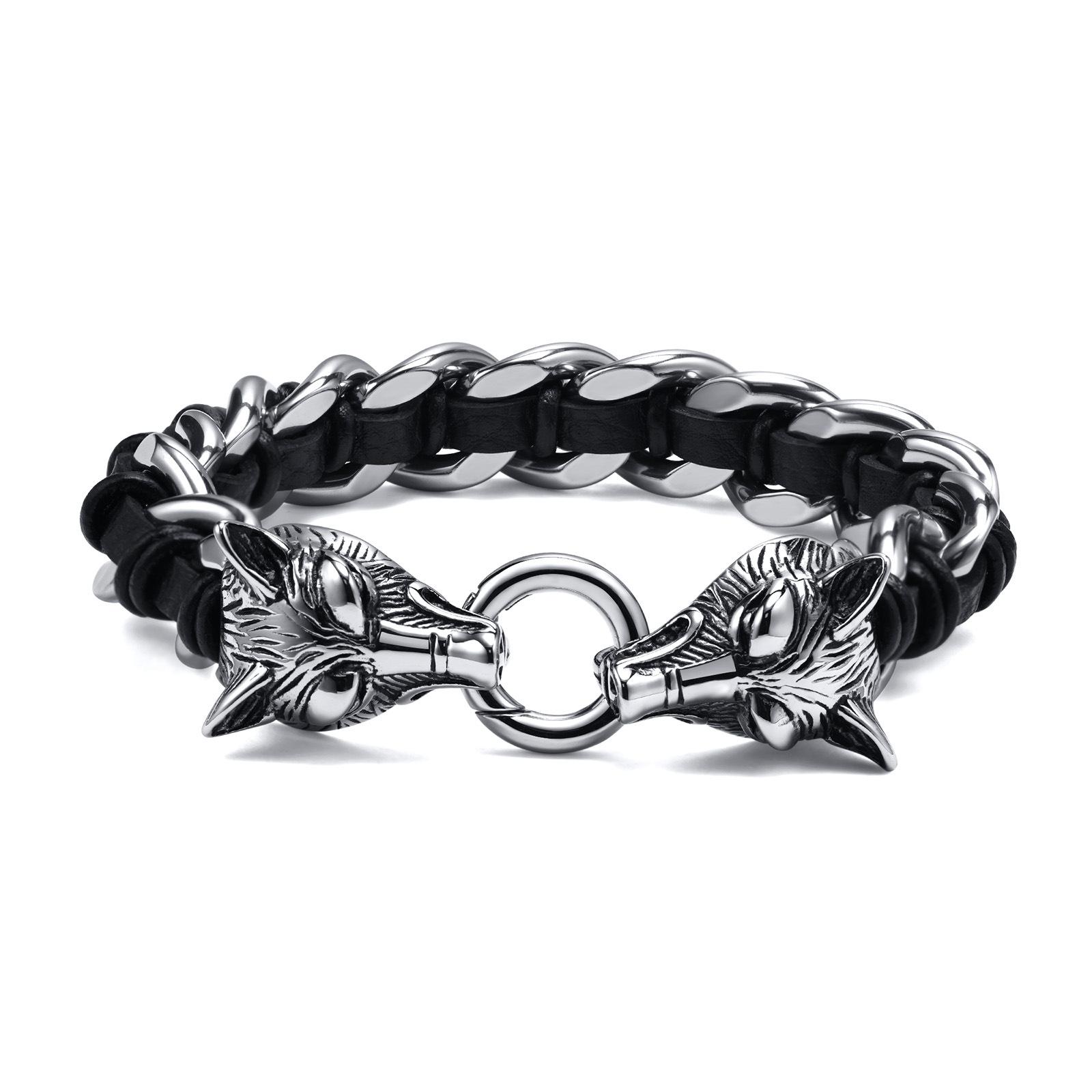 Punk Men Stainless Steel Woven Genuine Leather Wolf Viking Bracelet 23cm&Punk серебряный