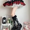 Lolita Sweet Notes Black Lace Trim Knee Socks With Breathable Cotton For Teen Girls