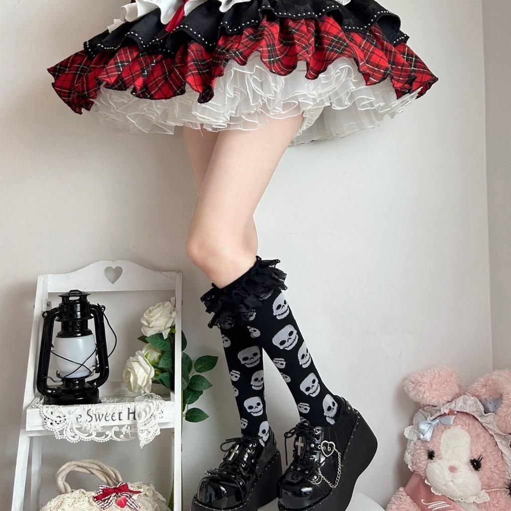 Lolita Sweet Notes Black Lace Trim Knee Socks With Breathable Cotton For Teen Girls