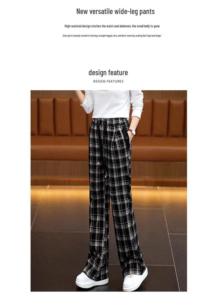 Women's High-Waisted Plaid Wide-Leg Pants - Spring Slimming Casual Drape Style