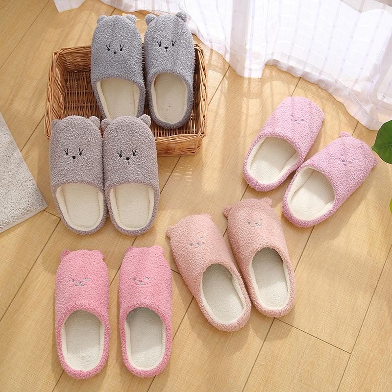 Cute Bear Men's and Women's Large Size Slippers Rose Embroidery Winter Plush Slippers Plus Size