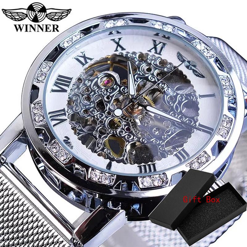 Winner Casual Mechanical Watches For Men Golden Roman Fashion Stainless Steel Belt Mesh Strap Wristwatch Clock Relogio Masculino