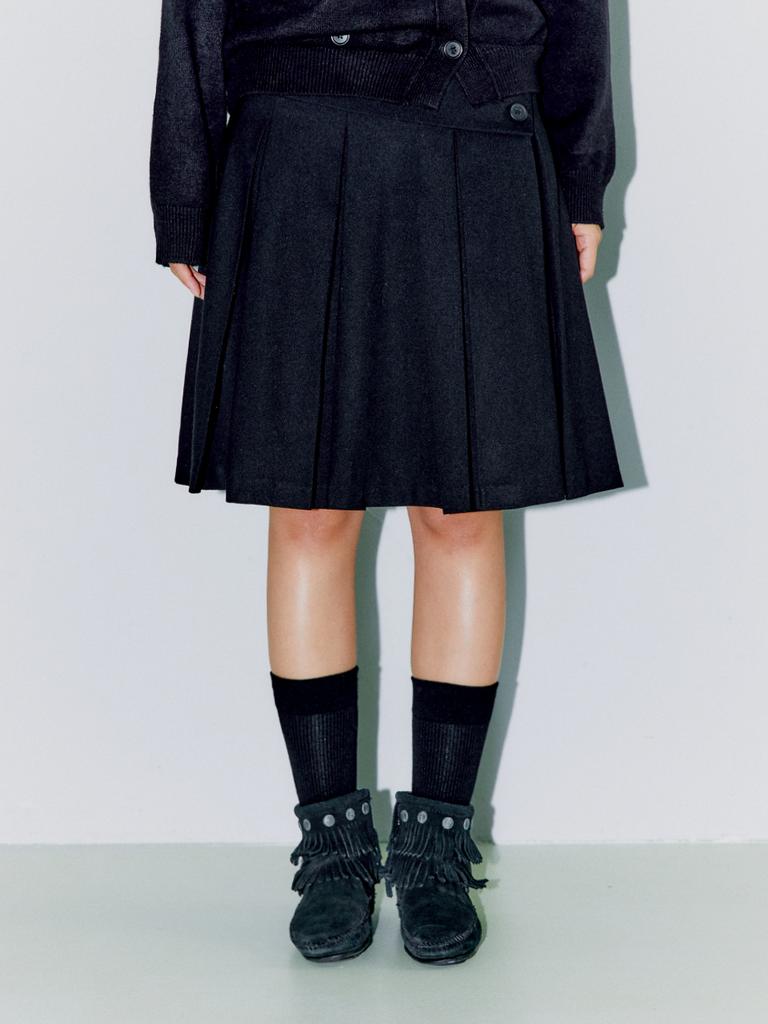 Opish Folded Waist Pleats Wool Skirt, Black