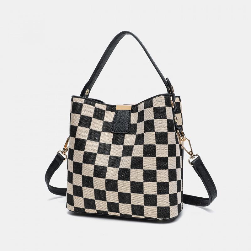 Borsa da Donna Retrò a Scacchiera Borsa a Secchiello Portamanico Grande Capacità Borsa a Spalla/Messenger Borsa Casual Coreana in Tela