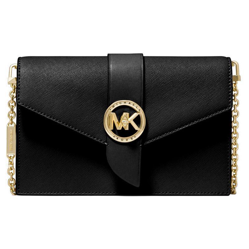 Michael Kors MK Charm Lettera Logo Patta Monocolore Catena Pendolare Pelle Borsa a Tracolla Borsa da Donna Nera 32S0G00C6L-001