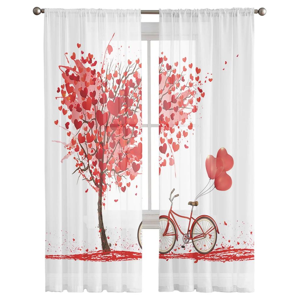 Valentine Love Tree Bicycle Curtain Tulle Decorative Sheer Curtains for Living Room Bedroom Kitchen Hotel Home Window Panels