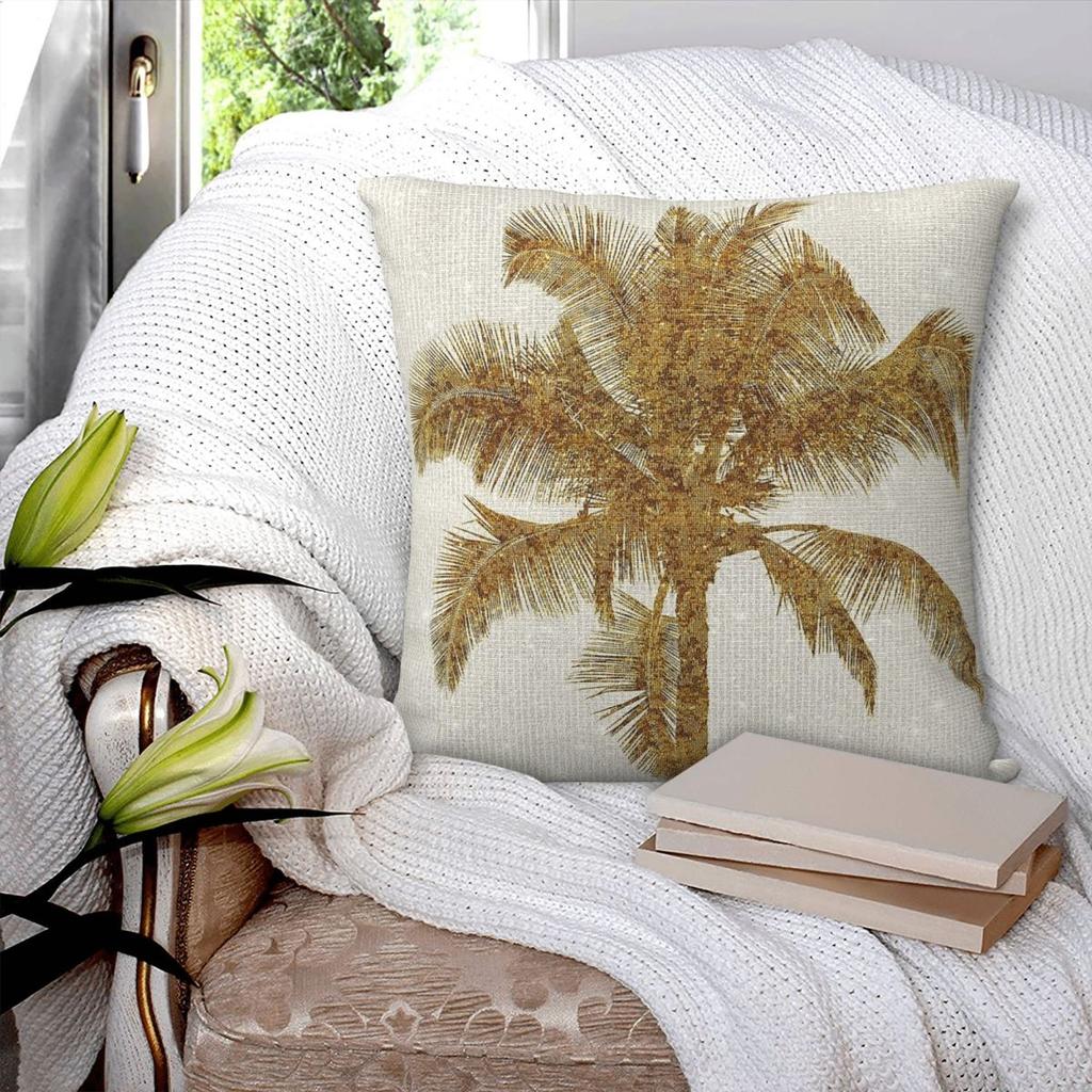 Goldene Palme Faux Metallische Folie Quadratische Kissenhülle Polyester Leinen Samt Bedruckt Reißverschluss Dekorative Kissenhülle Auto Kissenbezug