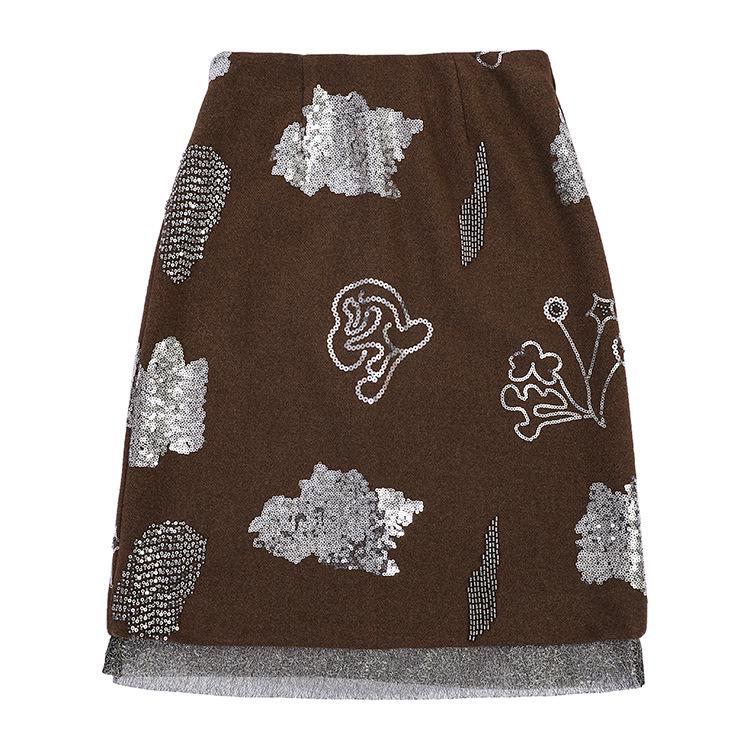 

Fei Yuan Women s Autumn Winter Coffee Wool Skirt with Sequins & Studded Diamonds – Versatile Mid-Length Fashion Small кофейный