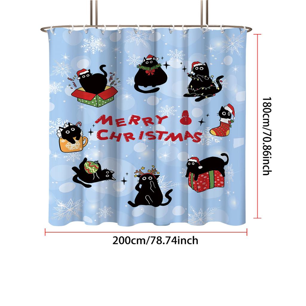 1 Christmas Black Cat Print Waterproof Shower Partition Privacy Hanging Curtain 12 Hooks Multi Size Decoration Machine Washabl