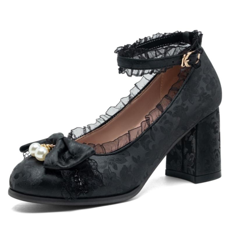 

Роскошные женские туфли Мэри Джейн на блочном каблуке 2025 Сладкое кружево Розовые Черные На каблуке Ремешок Вечеринка Свадьба Танцевальные туфли Женские Большой размер 45 46 чёрный