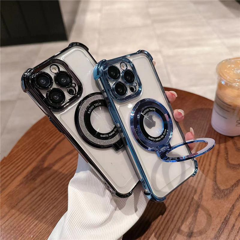 For iPhone 16E 16 Pro Max Luxury Flash Holder Stand Plating Frame Phone Case For iPhone 11 12 13 14 15Plus Lens Protective Cover