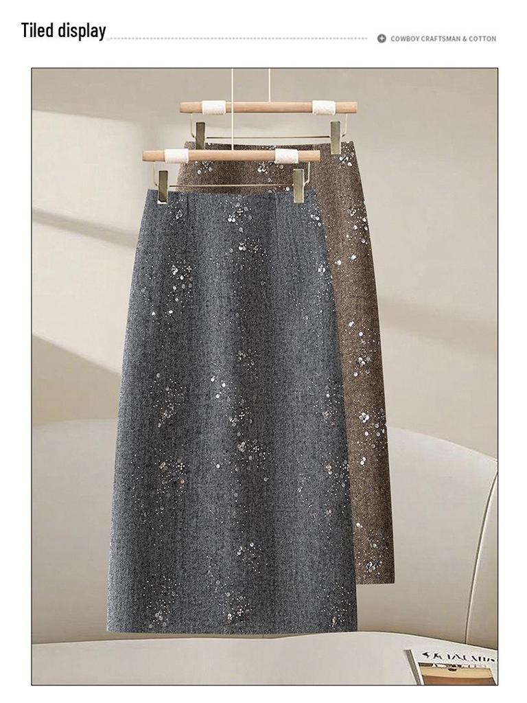 Sequined Woolen High-Waist Straight Skirt for Women