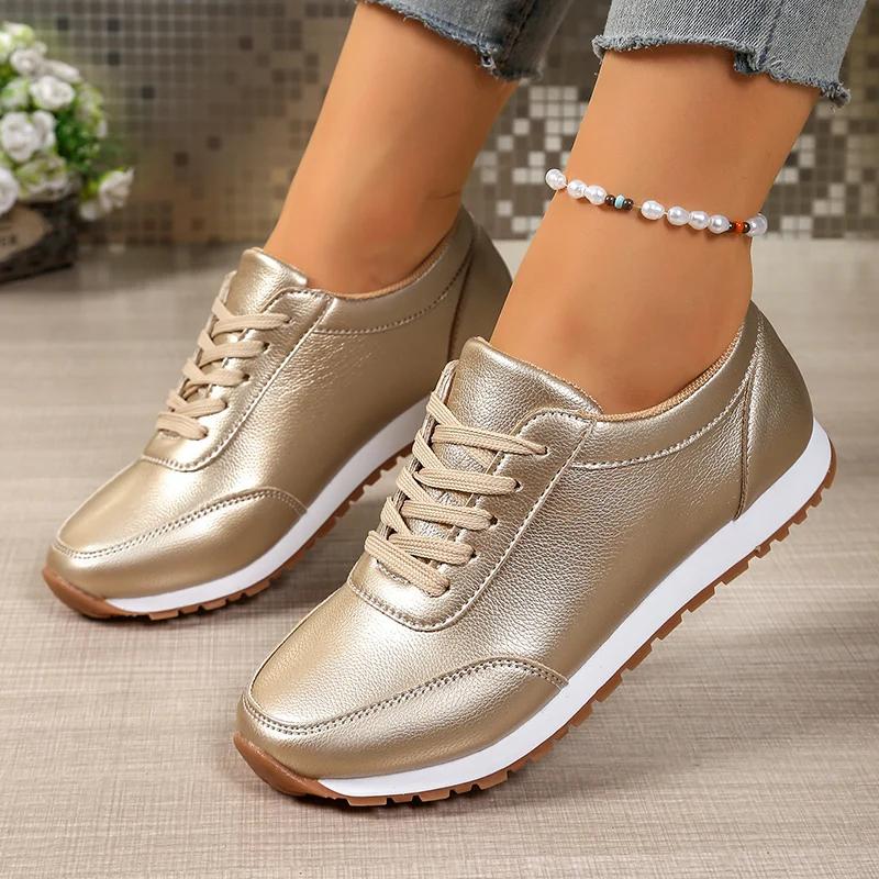 Women's Gold Silver Platform Sneakers Women Leather Sneakers Casual Girls Walking Shoes Flat Vulcanized Shoes Ladies Sneakers