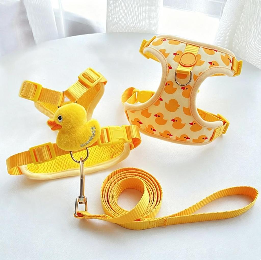 Dog and Cat Harness and Leash Set, Yellow Duck Design, Small, Adjustable, Escape-Proof