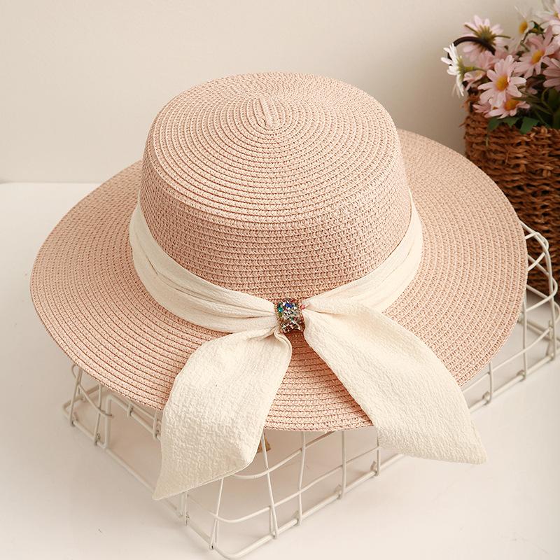 Wide Brim Flat Top Straw Hat Women's Summer Travel Fashion Bow Sunshade Sunscreen Hat Top Hat Casual Beach Sun Hat