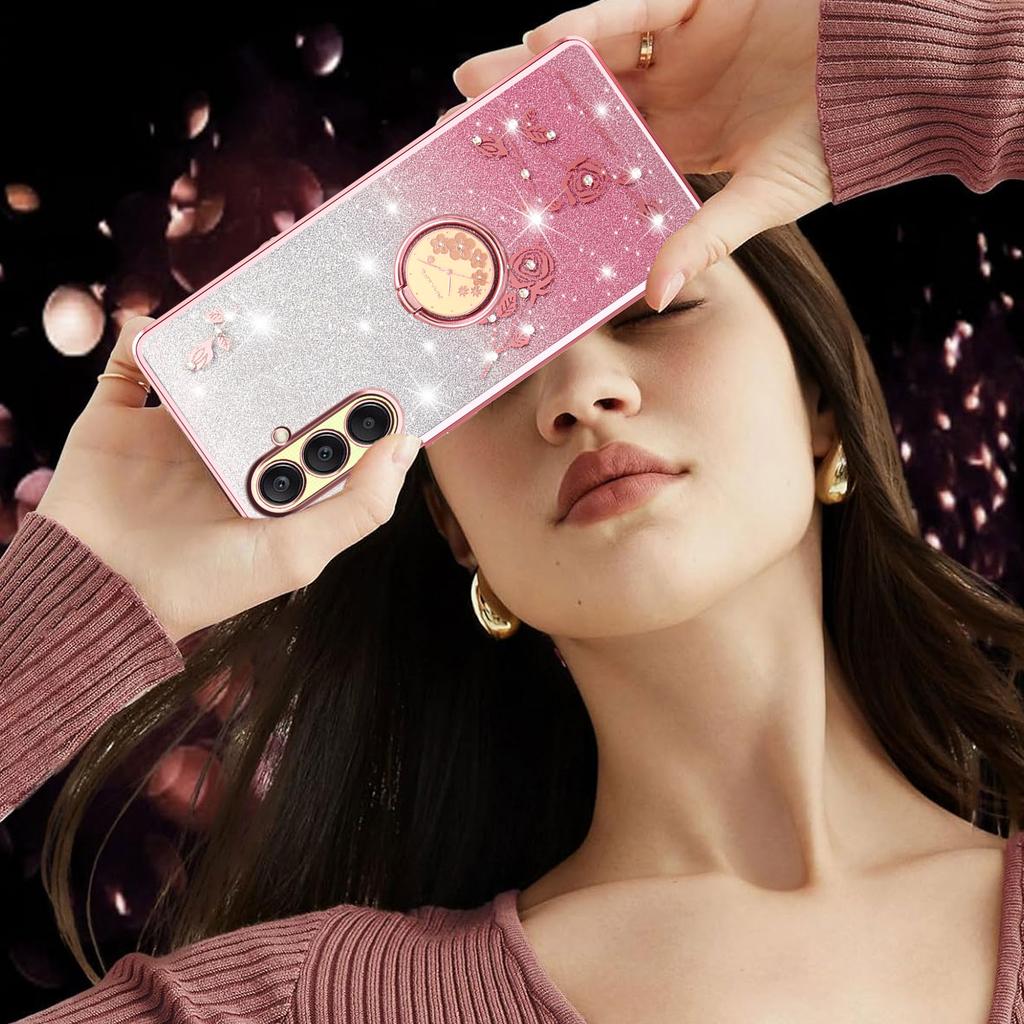 KADEM Pouzdro pro Samsung Galaxy A26 5G Prsten Stojánek TPU Květiny Kryt na telefon Gradientní Třpytky