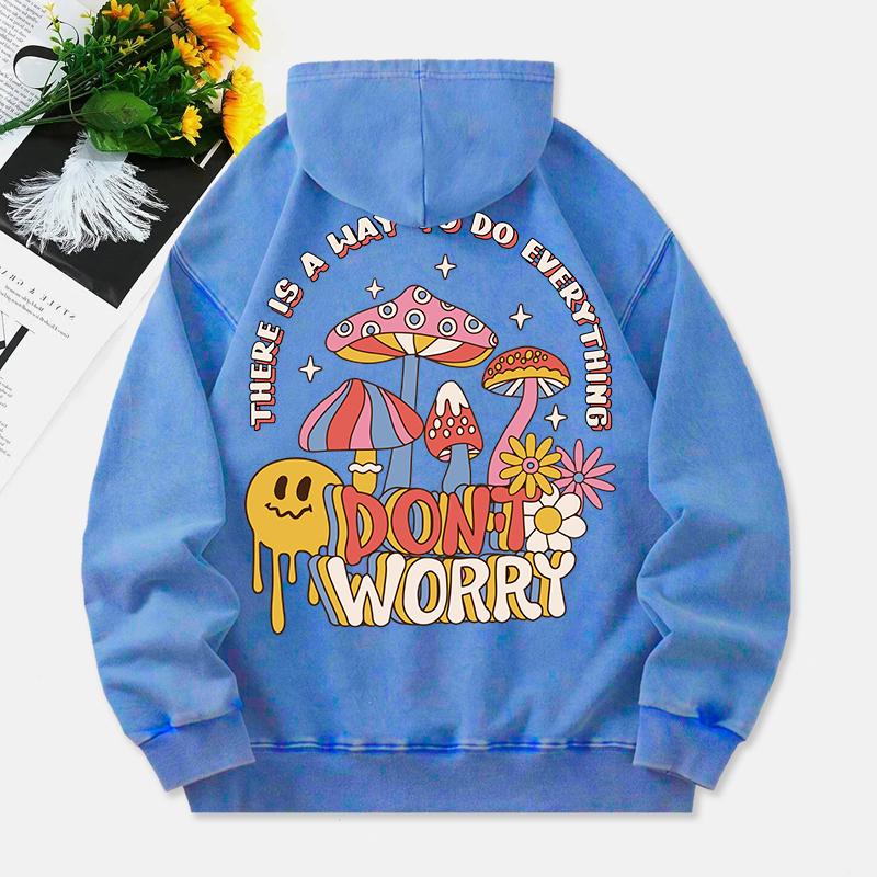 Mushrooms Washed Hoodie Womens Don'T Worry Printed Cotton Clothes Long Sleeves Pocket Oversize Winter Womans