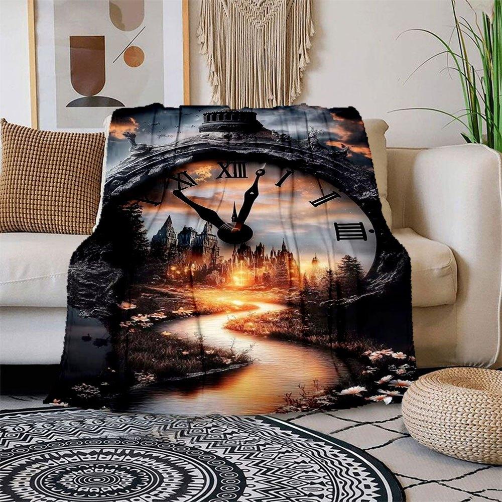 

Timeless Fantasy: Enchanted Clock Wall Art Blanket Flannel Throw Blanket for Sofa, Bed, Travel, Camping, Office, Couch, Chair, And Bed Gift 150x180cm
