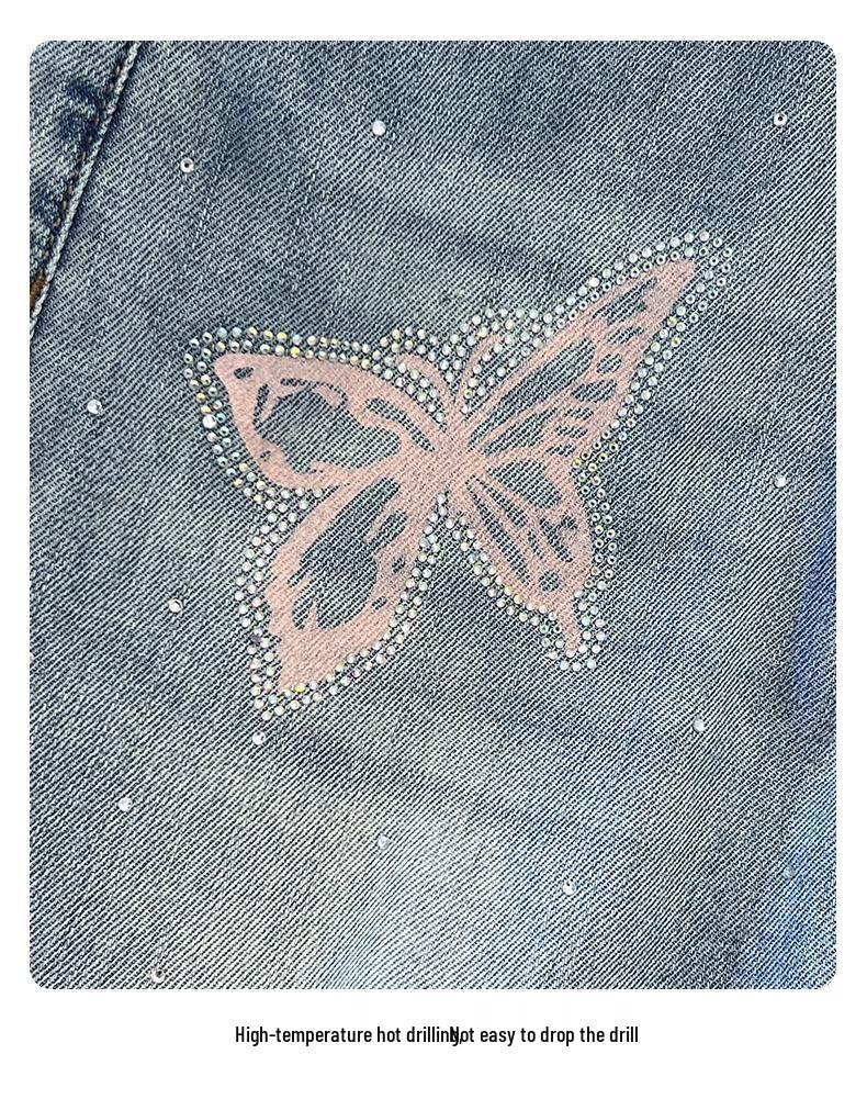 Women's Rhinestone Butterfly Embroidered Straight-Leg Jeans - 2026 Spring Versatile Slimming Casual Pants