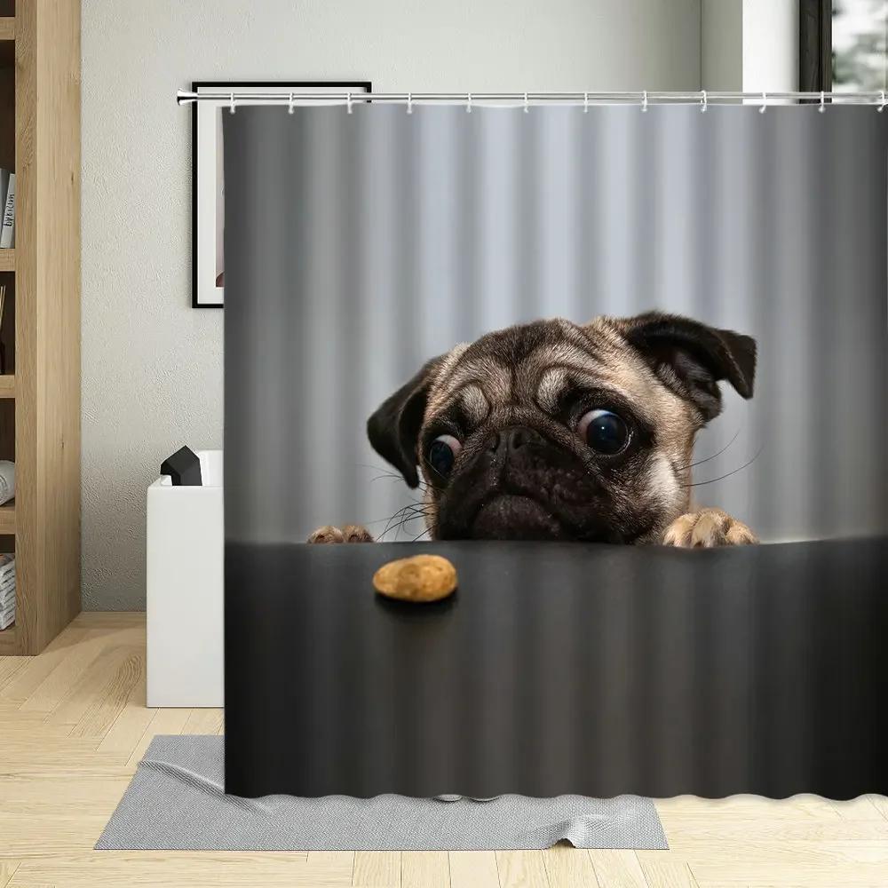 Cute Beige Dog Pug Puppy Pink Hearts Pattern Decor Bathroom Curtains Polyester Fabric Waterproof Kids Shower Curtain With Hooks