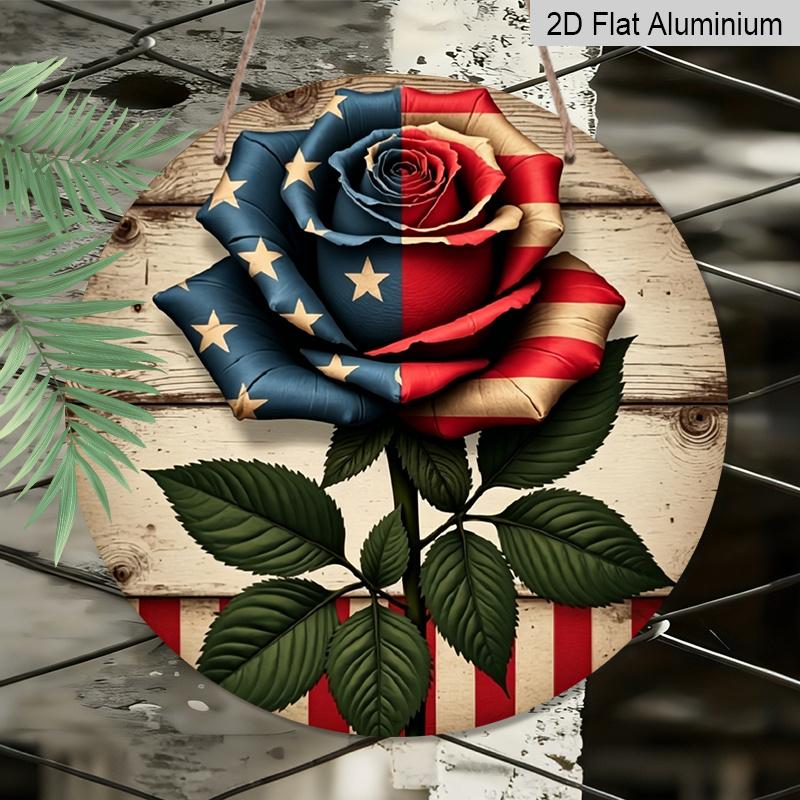 2D Flat, 1pc Round Rustic Farmhouse Aluminum Wall Art - Patriotic Red White & Blue Rose Design with Vintage American Flag-Inspired Stars & Stripes