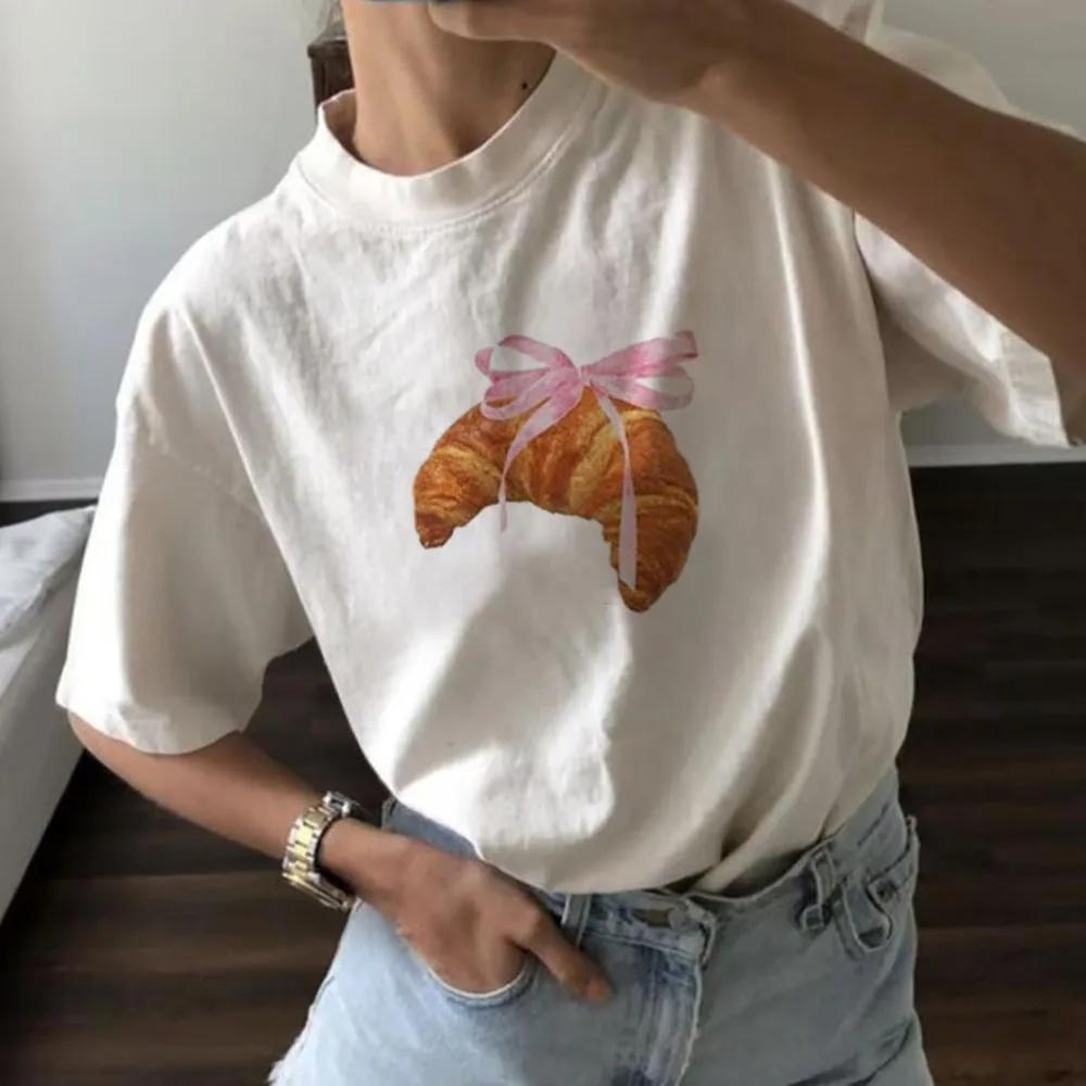 Coquette Croissant Womens TShirt with Pink Ribbon Bow Print Harajuku Womens Fashion Clothing Cute Casual Cotton TShirt