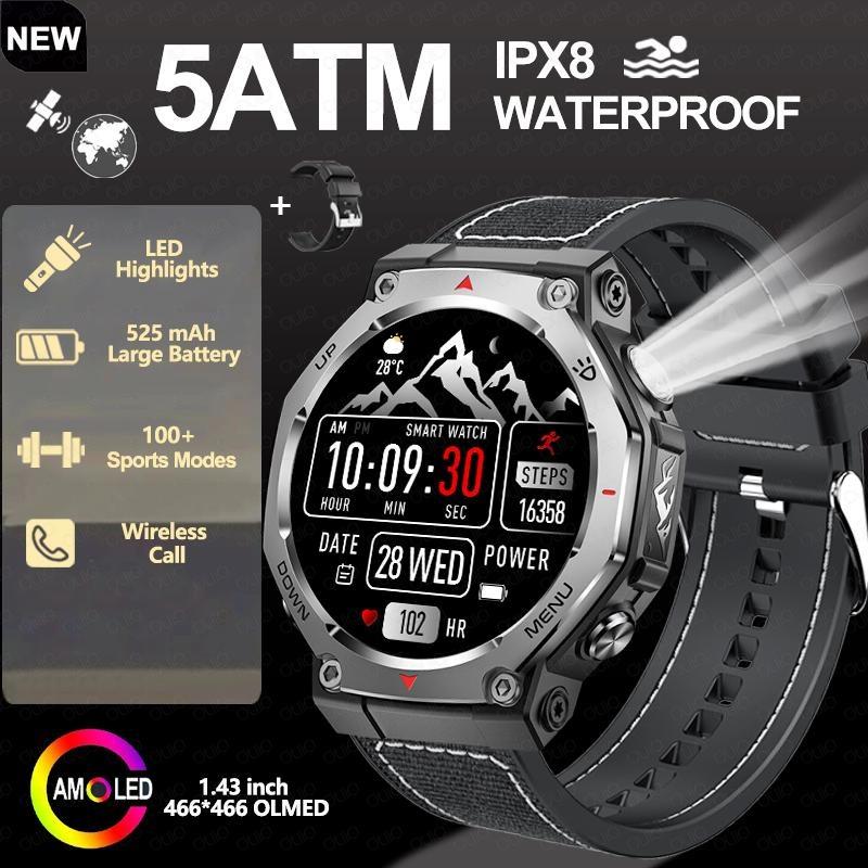 2026 New Flashlight-UV Light Smart Watch 5ATM Waterproof 1.43 Inch AMOLED Heart Rate 100 Sport Modes Bluetooth Call Smart Watch