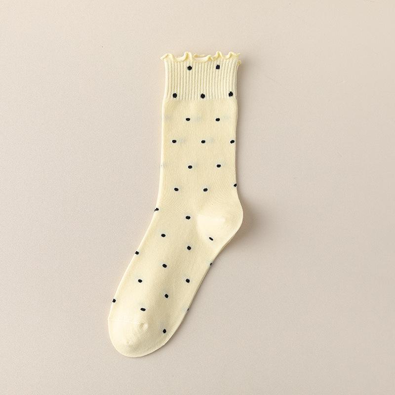 Ruffle Edge Polka Dot Women's Mid-Calf Socks - Trendy, Cute, Sweat-Absorbing Cotton for Autumn/Winter