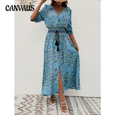 Sommer Damen Kleid Siebter Ärmel Kordelzug Taille Bohemian Casual Urlaub Strandkleider