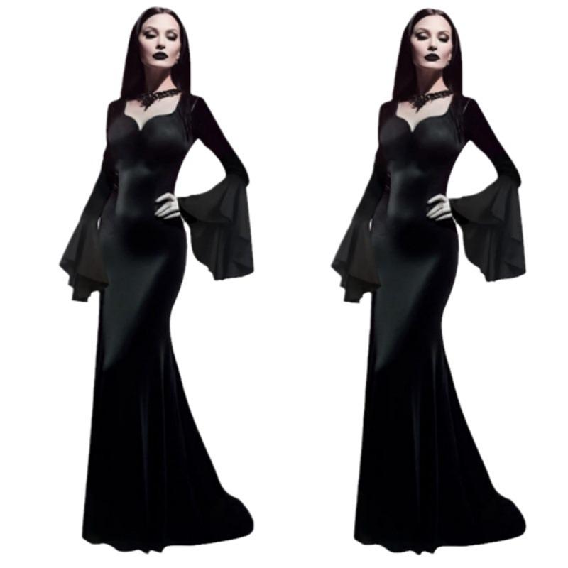 Morticia Addams Vintage Gothic Black Long Sleeve Dress