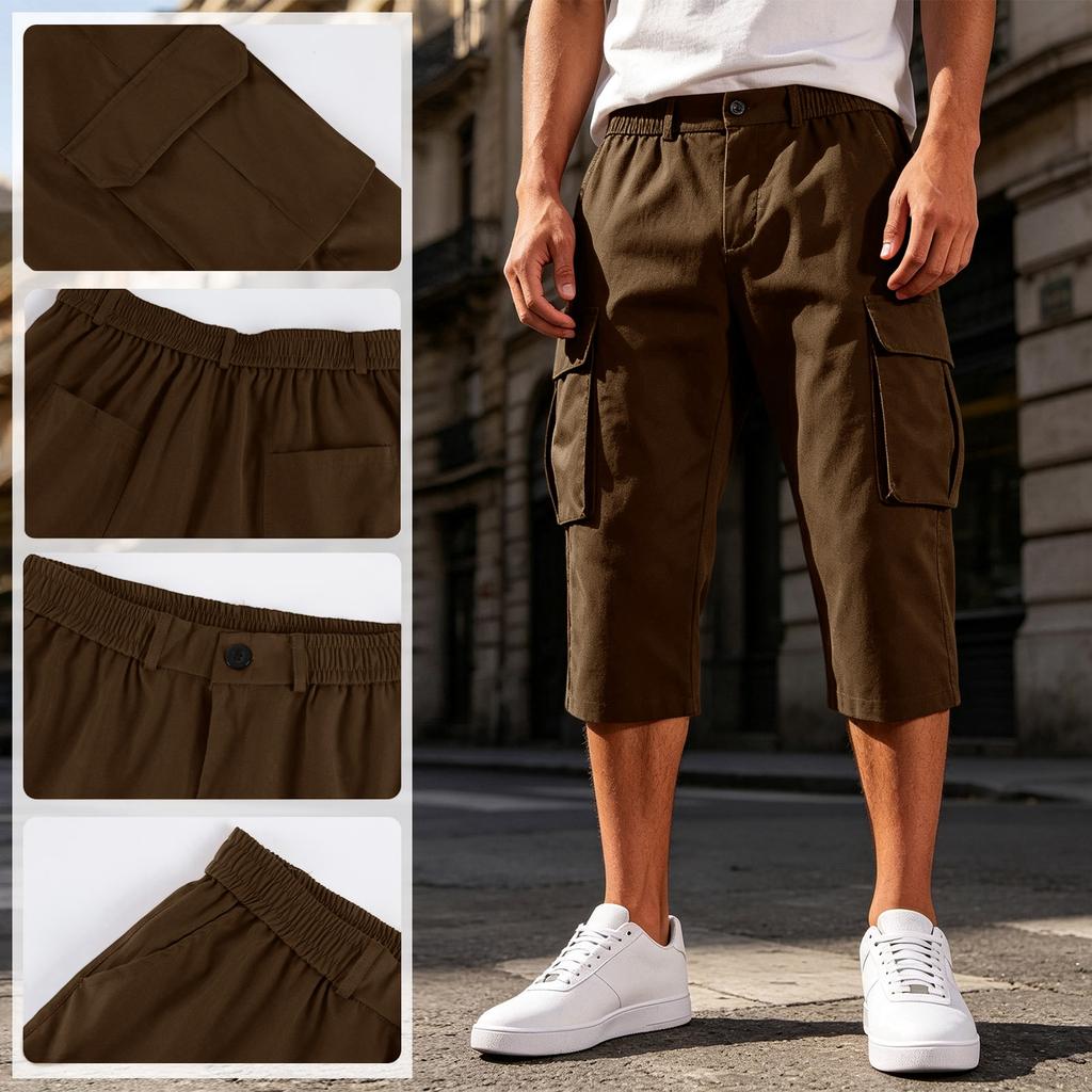 Heren Effen Kleur Knopen Elastische Taille Cargo Capri Broek met Zes Zakken Werkkleding Stijl Casual Pasvorm
