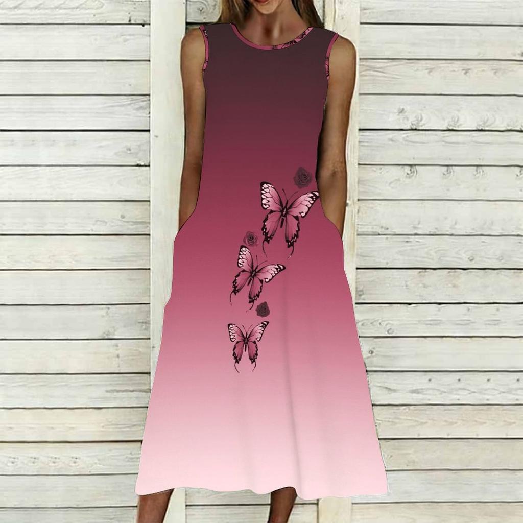 Women Loose Sleeveless Round Neck Dress Elegant Watercolor Floral Branches Calf Length Gown