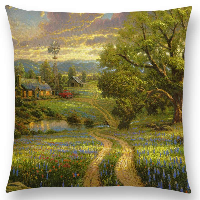 Home Decor Rustic Oil Painting Cushion Cover Beautiful Landscape Castle Lighthouse Sofa Pillow  Bedroom