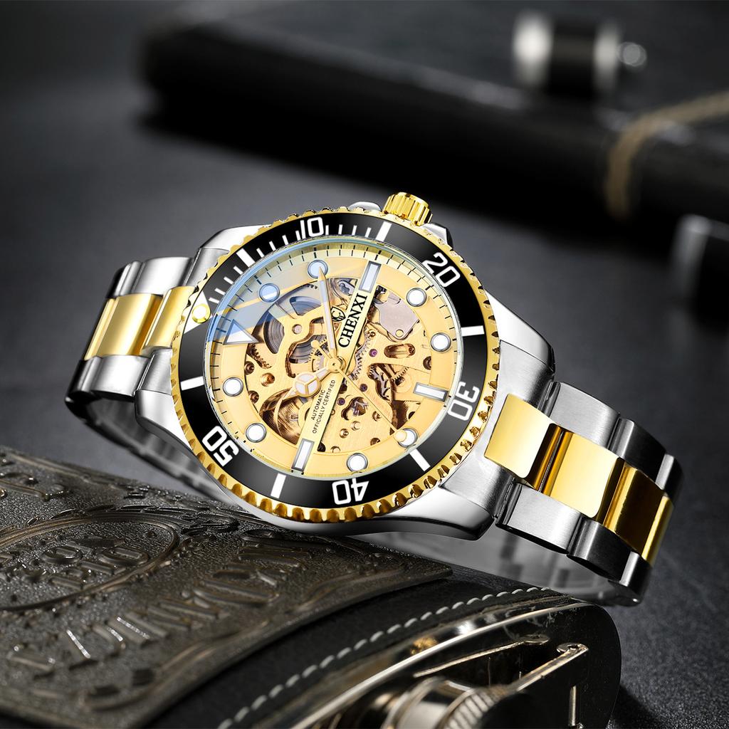 Chenxi Classic Watch Men Unique Dial Green Watches Luxury Gold Skeleton Automatic Mechanical Wristwatches Men Fashion Watches