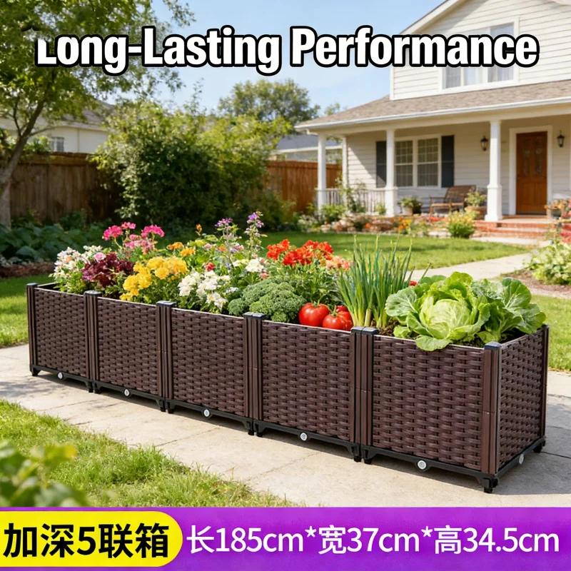 Large Deep 5-Cell Planter Box 185x37x34 Cm Outdoor Vegetable Garden Bed Thick Plastic Raised Container for Balcony Patio
