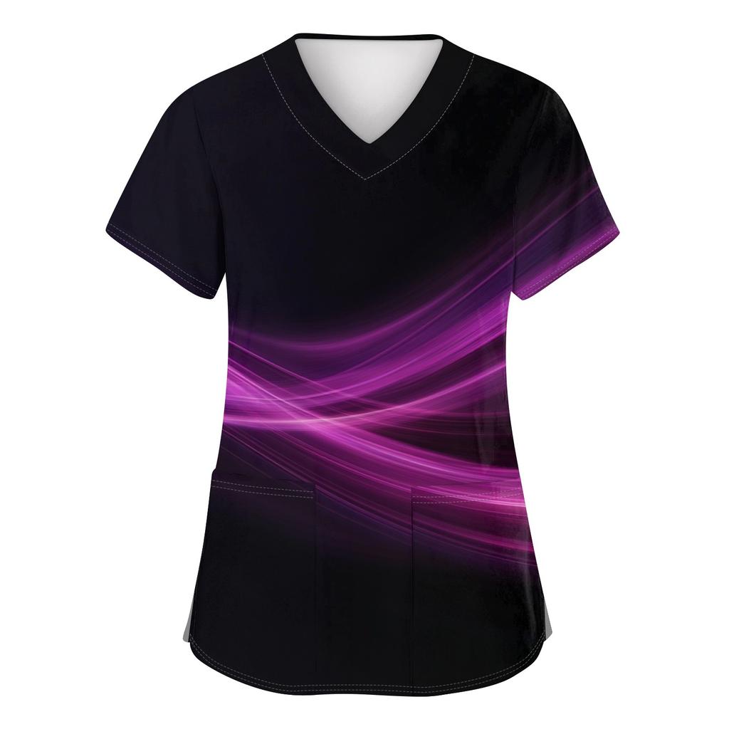 Damen Modisches bedrucktes kurzärmliges Oberteil mit V-Ausschnitt und kleiner Tasche für die Arbeit