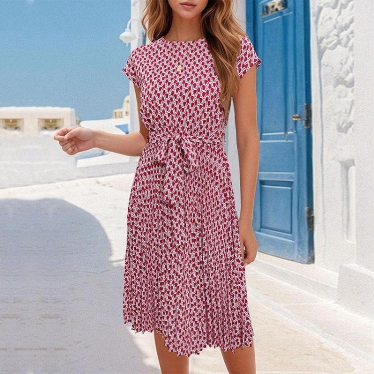Pleated Print Dress Fashion Summer Women's with Belt