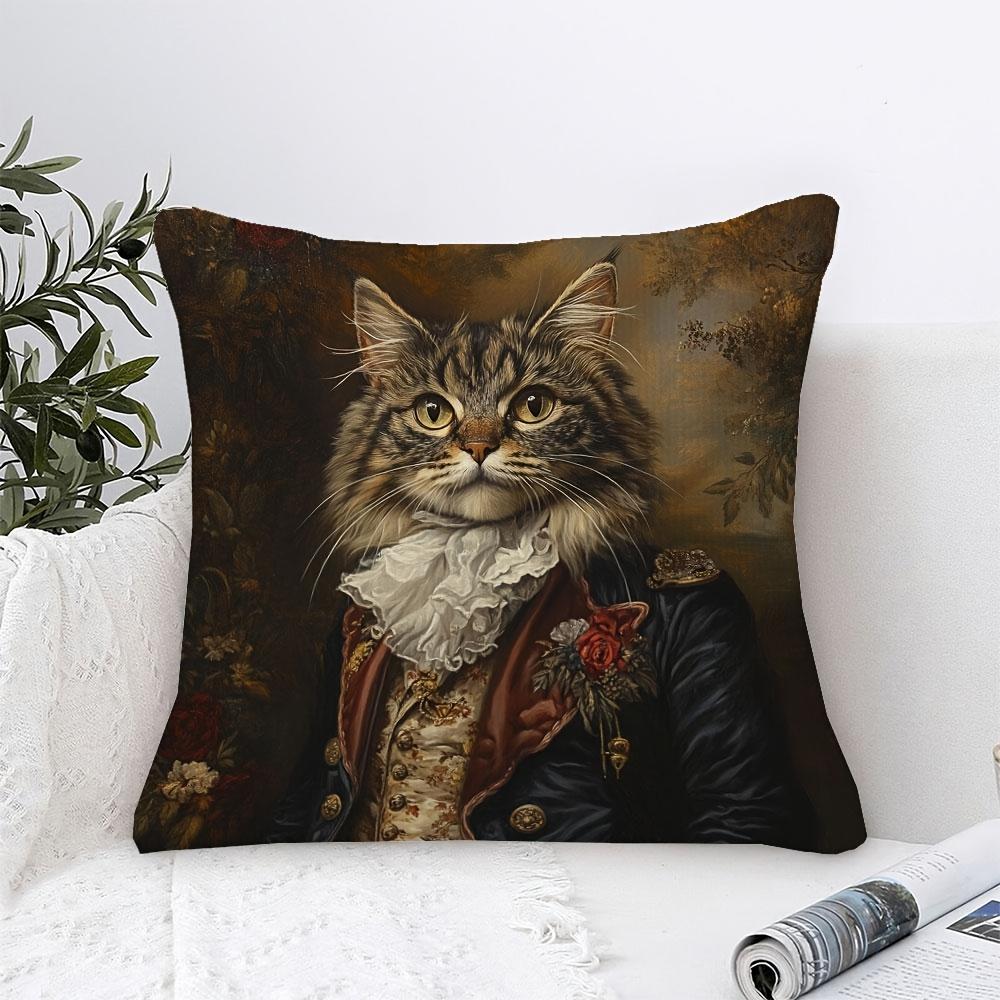 2D Flat- Vintage Aristocratic Cat Portrait Throw Pillow Cover Victorian Royal Pet Art Cushion Case For Home Sofa Decor